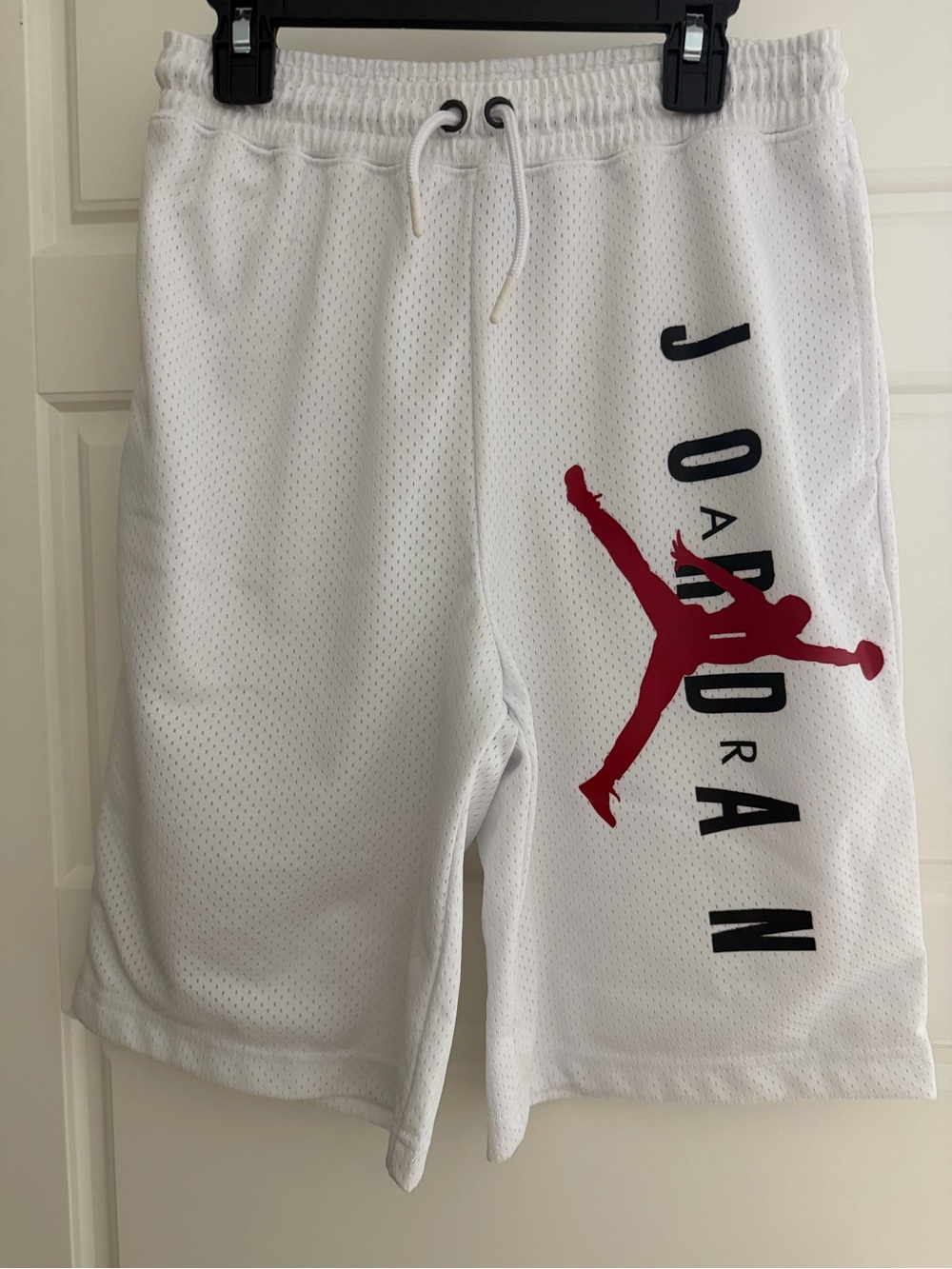 Jordan Lined White Mesh Shorts with Red Jumpman and Black Lettering